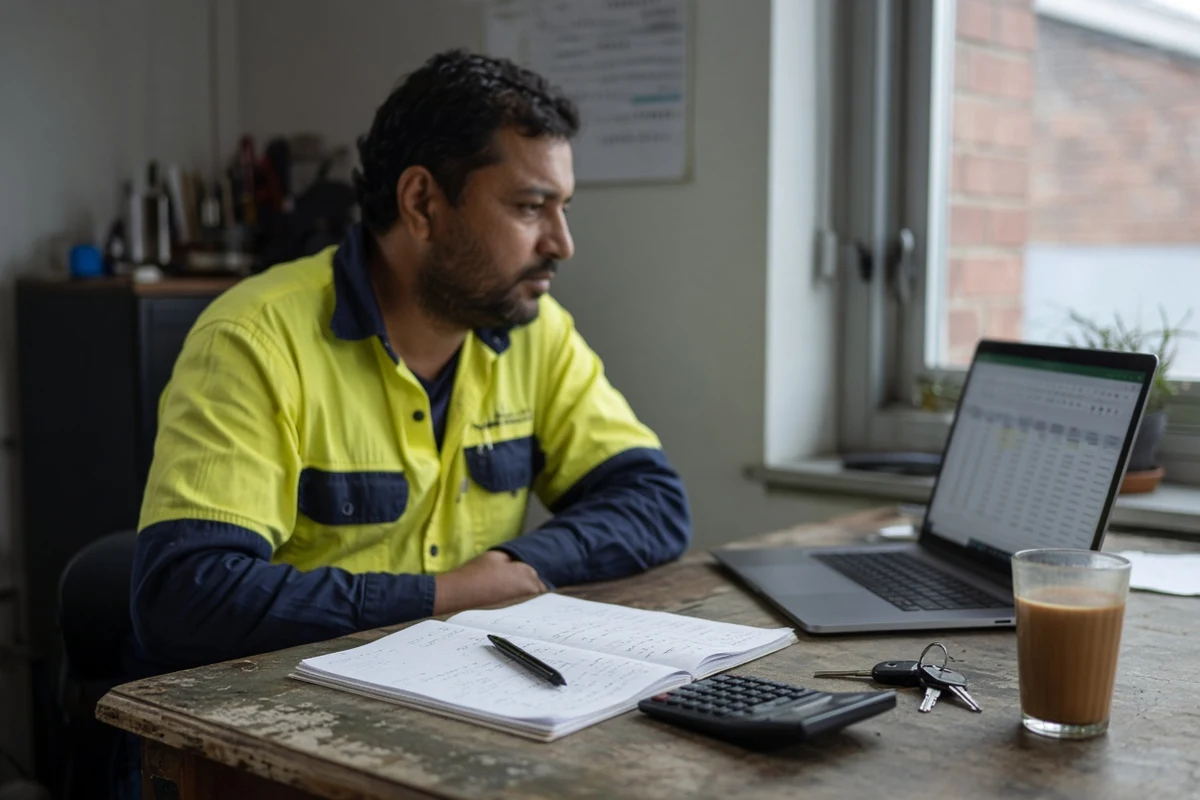 Owner of an Australian trade business checking ad results on a laptop at a cluttered desk