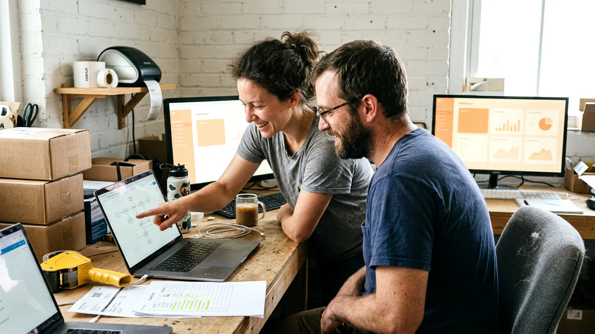 Two people at a workbench reviewing an automation workflow on a laptop screen