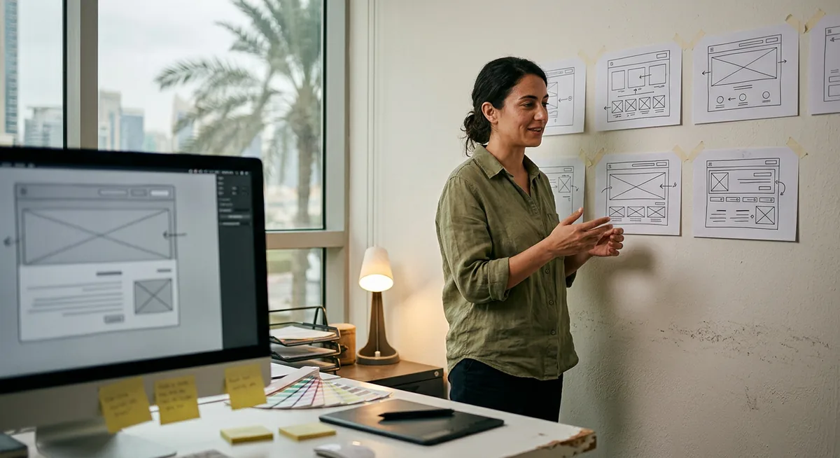 Designer reviewing a mirrored right-to-left Arabic storefront layout