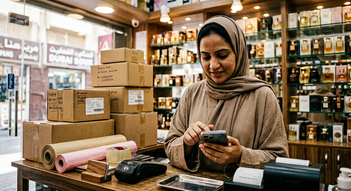 Small business owner testing a mobile checkout in a Dubai perfume shop